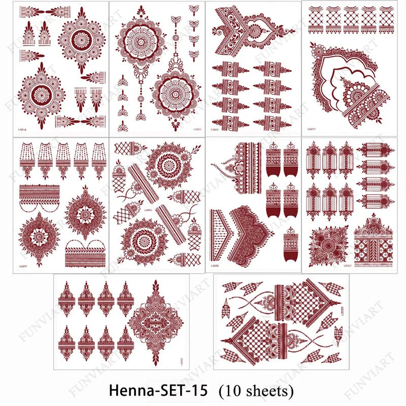 sengpan 9Pcs Brown Henna Temporary Tattoos for Women Henna Tattoo Sticker for Hand Body Art Moroccan Mehndi Design Tattoo Fake Hena