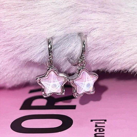 sengpan Y2K Style Colorful Pentagram Hoop Earrings for Women Sweet Fantasy Pink Crystal Star Ear Buckle Fashion Jewelry Accessories Gift