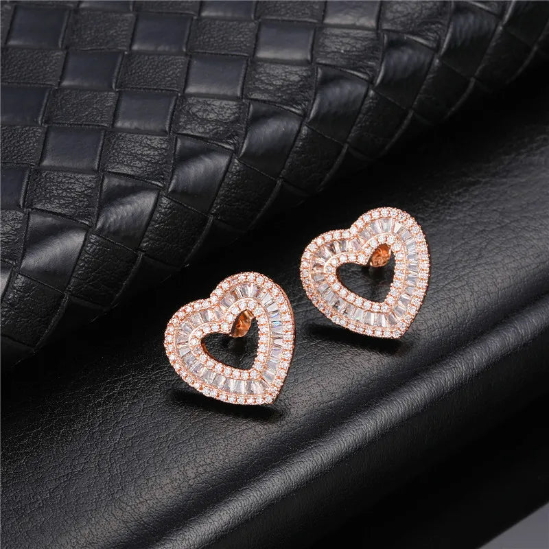 sengpan Hip Micro 1Pair Heart Shape Pave Baguette Cubic Zircon Stone Ice out Stud CZ Earring Bling Copper Earrings For Women Men Jewelry