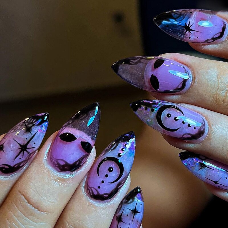 sengpan current nail trends 2023   24Pcs Halloween Long Stiletto False Nails Almond Fake Nails with Ghost Design Press on Nails Wearable Full Cover Manicure Tips