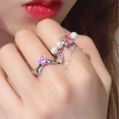 sengpan Korean Colorful Stone Rings for Women Girls Trendy Metal Chain Geometric Square Round Rings y2k Jewelry Gifts