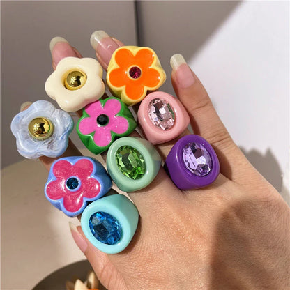 Lianfudai 2024 New Sweet Multicolor Resin Oil Drip Ring for Women Geometric Oval Flowers Beads Rhinestones Ring Cute Jewelry HangZhi