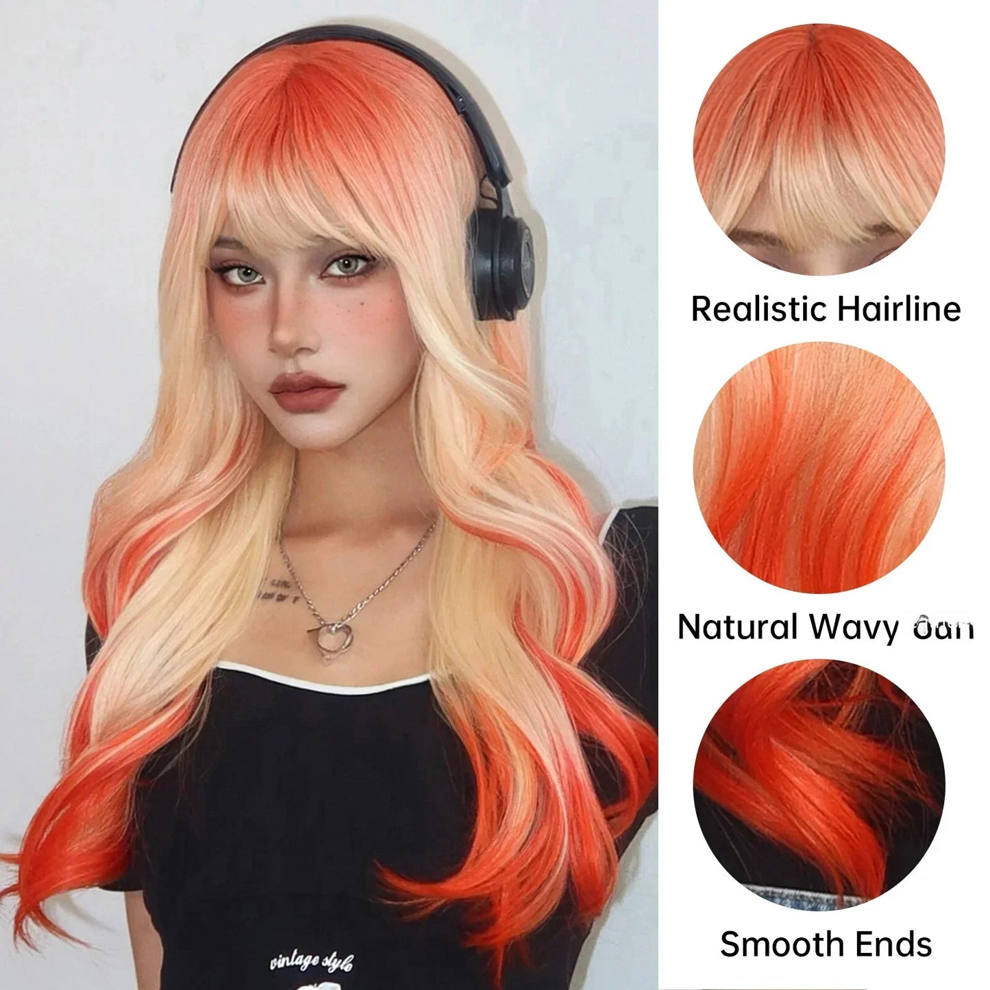 sengpan Orange Blonde Ombre Long Wavy Synthetic Wigs with Bangs Party Cosplay Wig for Women Natural Fake Hair Heat Resistant