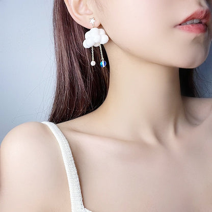 sengpan gifts for women New Asymmetric White Cloud Earrings Pompons Cute Blue Bow New Girlish Heart Ear Studs Earrings Hole Sweet Cotton Clould Pom Ball