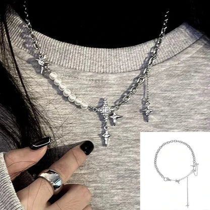 sengpan Y2K Retro Kpop Silver Color Pendant Necklaces For Women Gothic Zircon Heart Cross Tassel Necklace Punk Clavicle Choker Jewelry