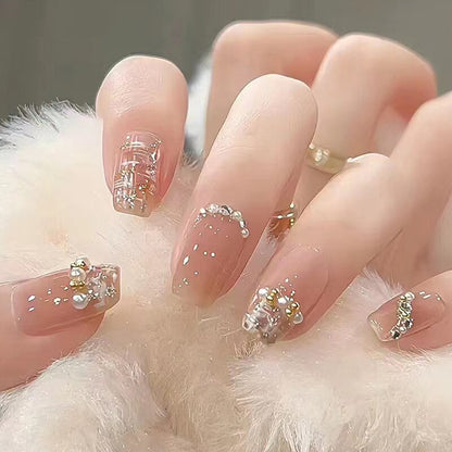 Lianfudai current nail trends 2023  24Pcs Long Ballerina Fake Nails Full Cover Nail Tips Yellow French False Nails with Aurora Rhinestone Press on Nails Wearable