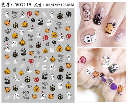 sengpan 3D Halloween Nail Stickers Clown Skull Bone Pumpkin Cartoon Spider Bat Nail Decals Self-Adhesive Nail Art Stickers Nails Decor