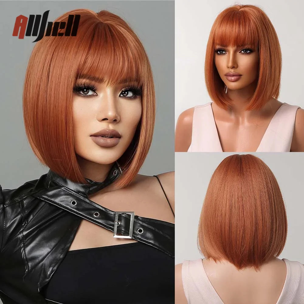 sengpan Short Brown Ombre Blonde Cosplay Wig Synthetic Straight Wigs for Black Women Heat Resistant Halloween Party Daily Natural Hair