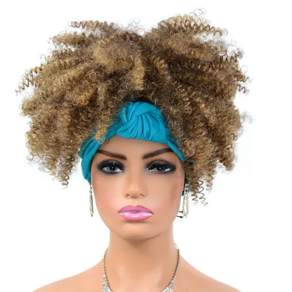 sengpan Short Kinky Curly Headband Wigs  Afro Puff Curly Headband Wig For Women Natural Synthetic Turban Wrap Wig  Cosplay Daily Use