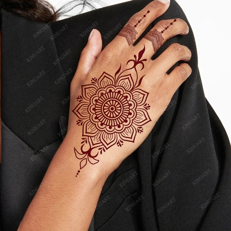 sengpan Maroon Henna Tattoo Stickers for Women Waterproof Temporary Tattoos  for Hand Flower Fake Tattoo for Wedding Festival Body Art