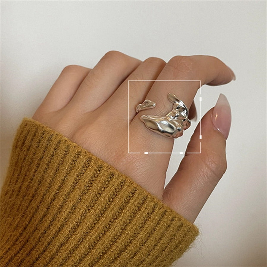 sengpan INS Minimalist Silver Color Irregular Wrinkled Surface Finger Rings Creative Geometric Punk Opening Ring for Women Girls Jewelry