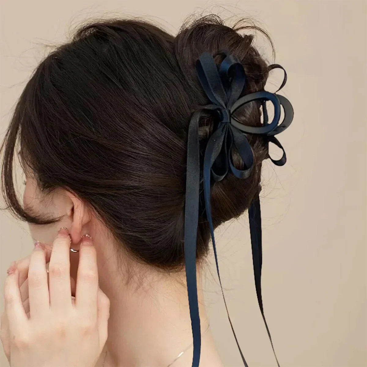 sengpan Black Bowknot Hair Claw Sweet Silk Ribbon Bow Hairpin Bang Clip Korean Girls Fashion Grab Clips Female Headwear Hair Accessories