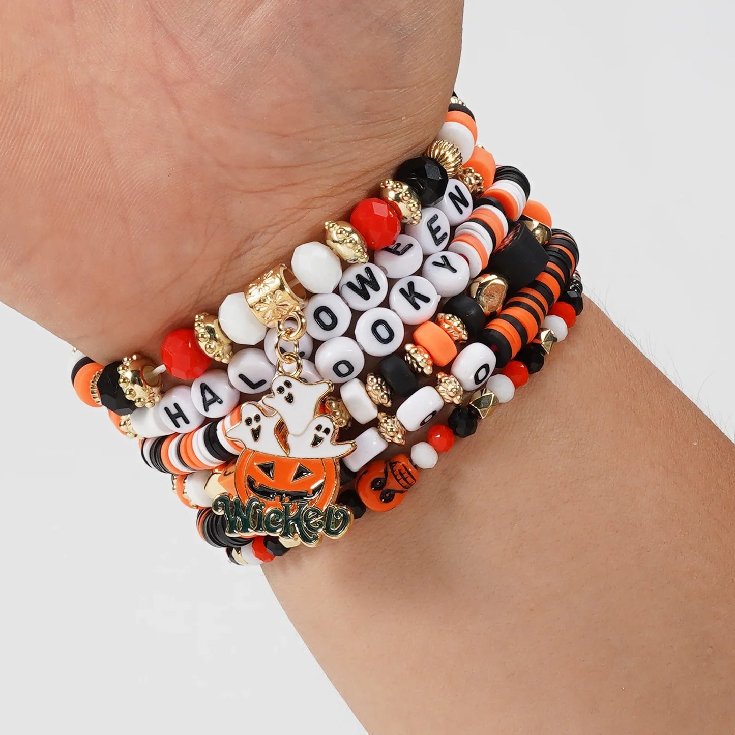 sengpan Halloween female bracelet spider pumpkin pendant stackable Halloween bracelet elastic multilayer bracelet