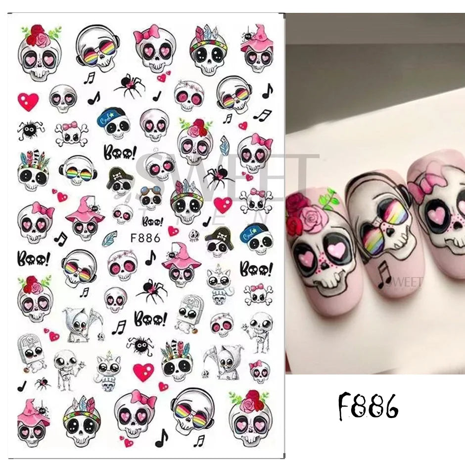 sengpan Cute Halloween Nail Design Sticker Pink Cartoon Skull Pumpkin Spooky 3D Punk Holiday Manicure Slider Nail Art Accessories BEF886