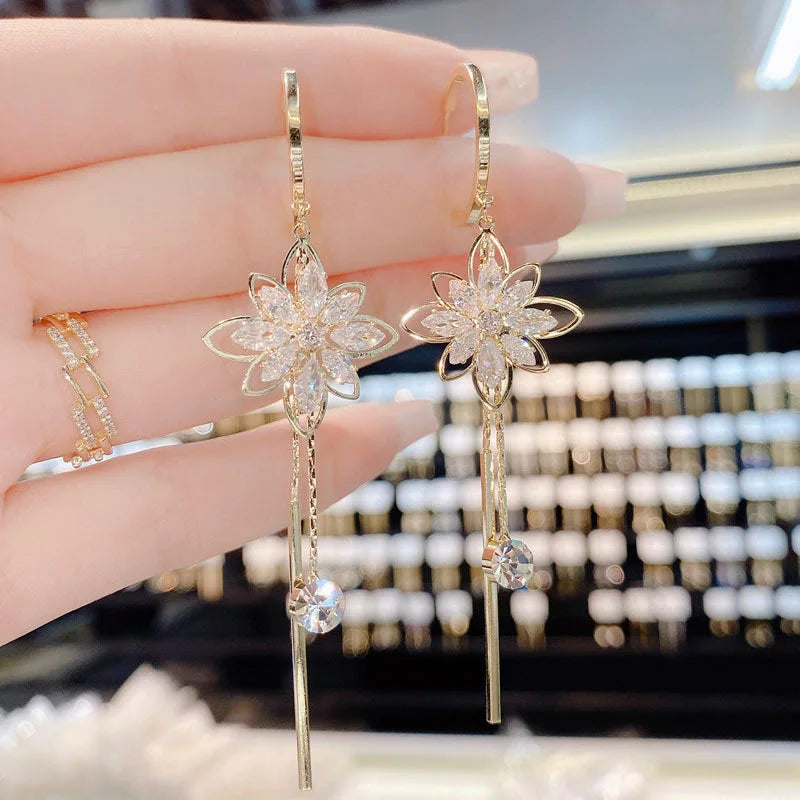 sengpan Luxury Crystal Flower Tassel Drop Earrings for Women Shiny Zircon Opal Long Dangle Earrings Girls Party Wedding Jewelry Gift