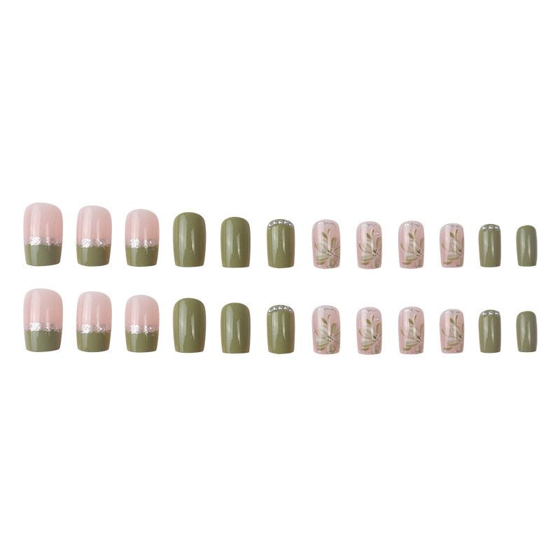 sengpan 24Pcs/Set Press On Fake Nails Green Wearing Reusable False Nails Art Girls Ballerina Coffin Nail With Glue Full Cover Artificial