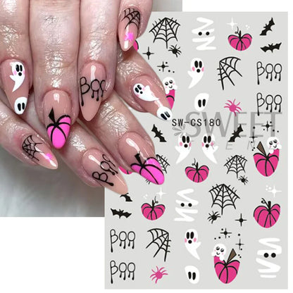 sengpan Pink Pumpkin Halloween Nail Stickers Ghost Star Mummy Love Heart Spider Web Scorpion Blood Drops DIY Winter Manicure Decoration