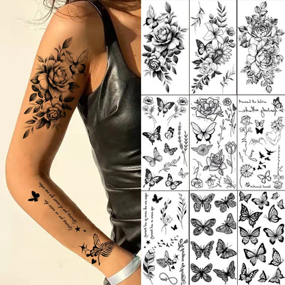 sengpan Black Flower Tattoo Stickers for Hand Arm Waterproof Temporary Tattoos for Women Butterfly Fake Tattoo Sleeve Tatoos Girls