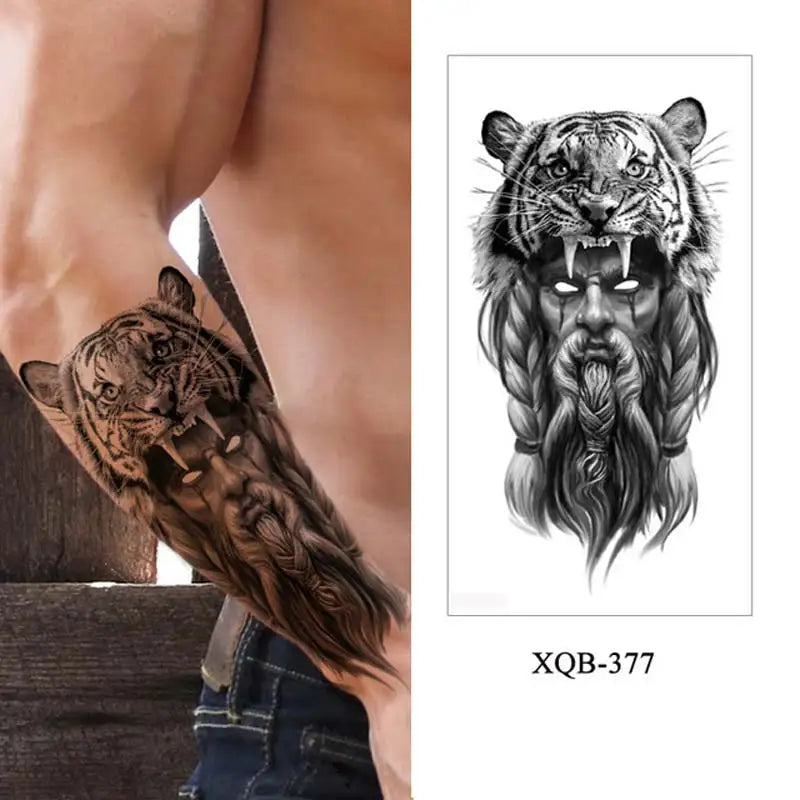 sengpan Black Forest Tattoo Sticker for Men Women Tiger Wolf Death Skull Temporary Tattoo Fake Henna Skeleton King Animal Tatoo Pattern