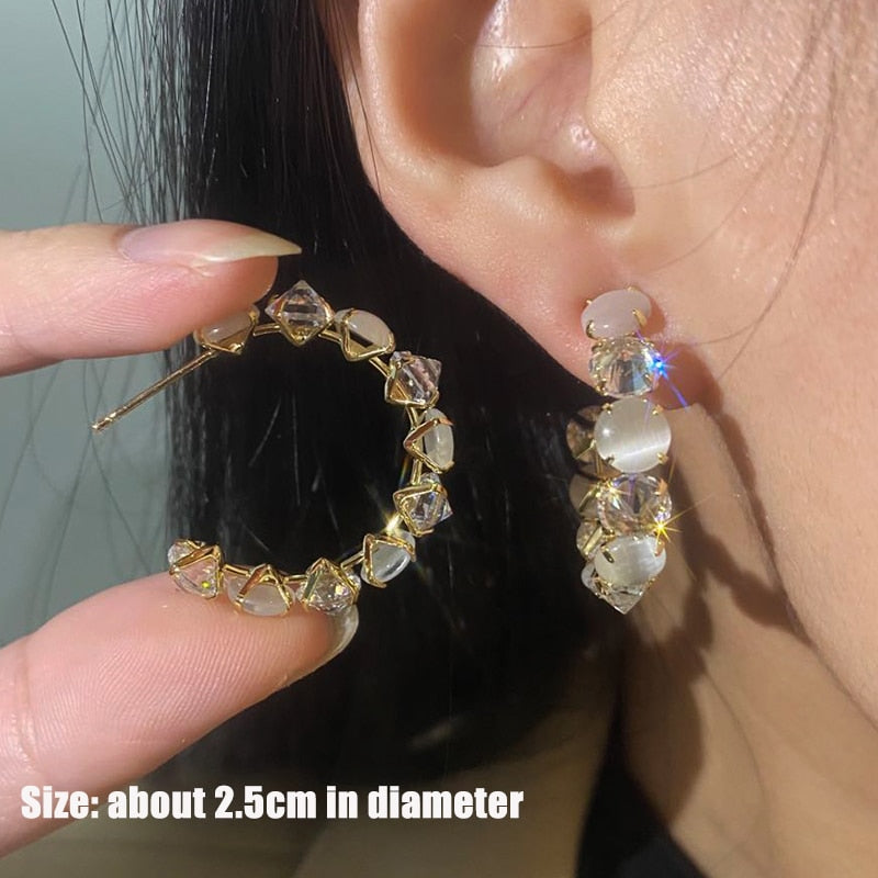 sengpan Gold Color Luxury Opals Hoop Earrings for Women Zirconia Crystal Jewelry Party Christmas New Year Accessories Unusual Earrings