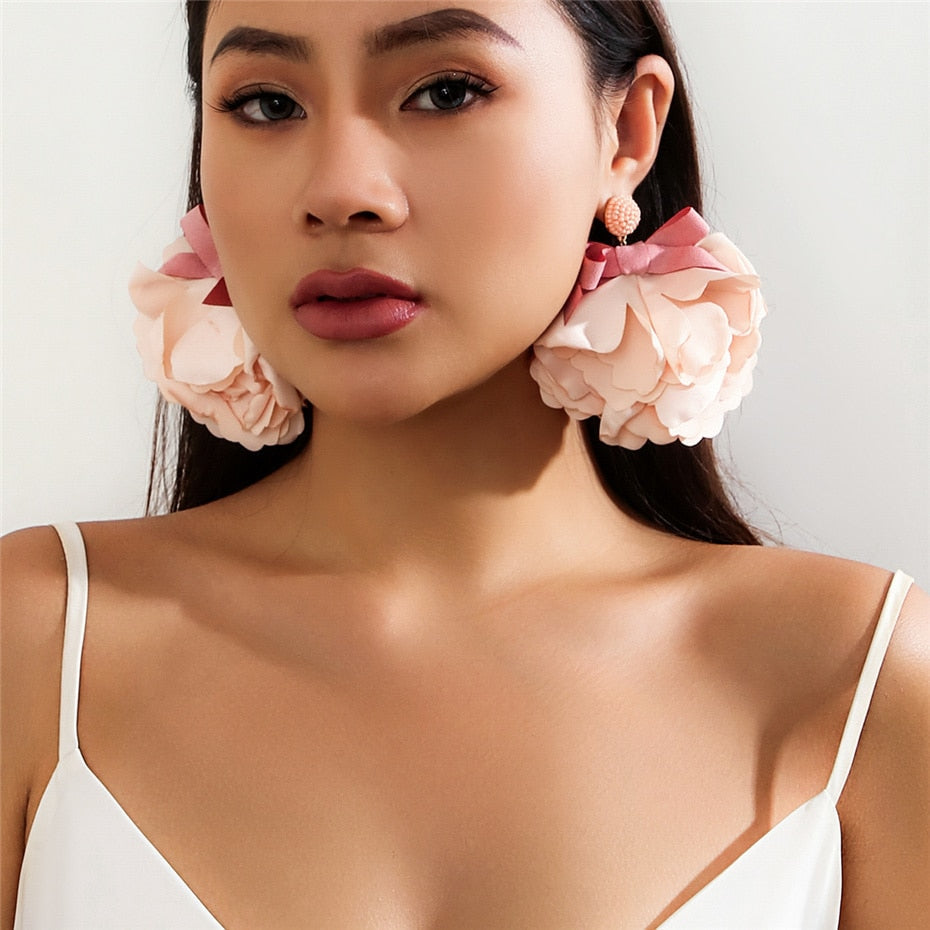 sengpan Exaggerated Colorful Large Fluffy Fabric Mesh Rose Flower Drop Earrings Women Trendy Elegant Petal Earrings Y2K Wed Accessories