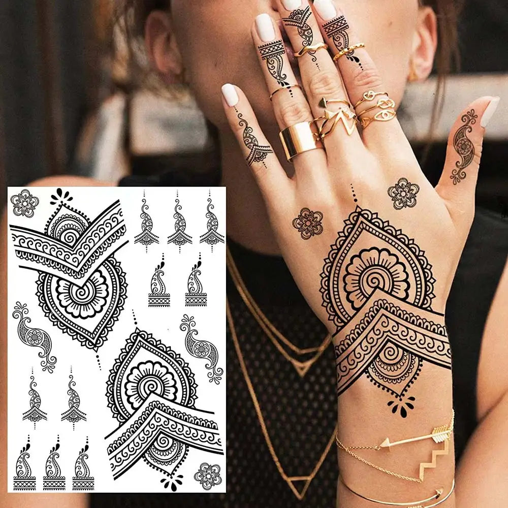 sengpan Black Henna Temporary Tattoos Lace Flower Mehndi Tattoo Sticker for Women Wedding Waterproof Fake Tattoo Festival Body Art Hena