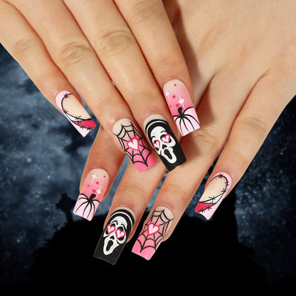 sengpan 24Pcs Halloween False Nails Long Ballet Fake Nails with Ghost Cobweb Design Pink French Coffin Full Cover Press on Nail Tips