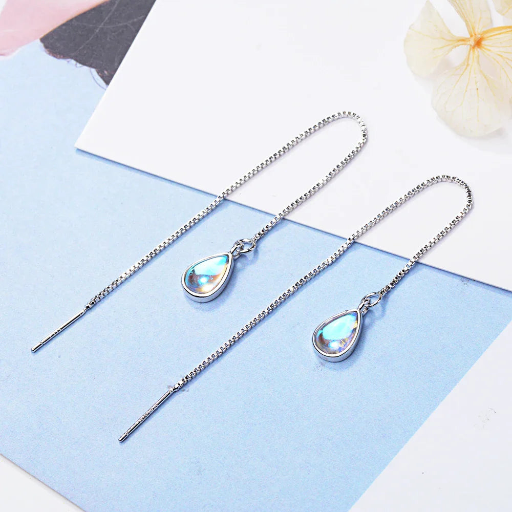 sengpan Elegant Teardrop Moonstone Dangle Long Chain Threader Earrings for Women Girl