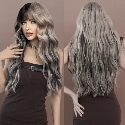 sengpan WIGS Long Body Wavy Silver Ash Hair Wig with Bangs for Women Daily Party High Density Hair Ombre Wigs Heat Resistant Fiber