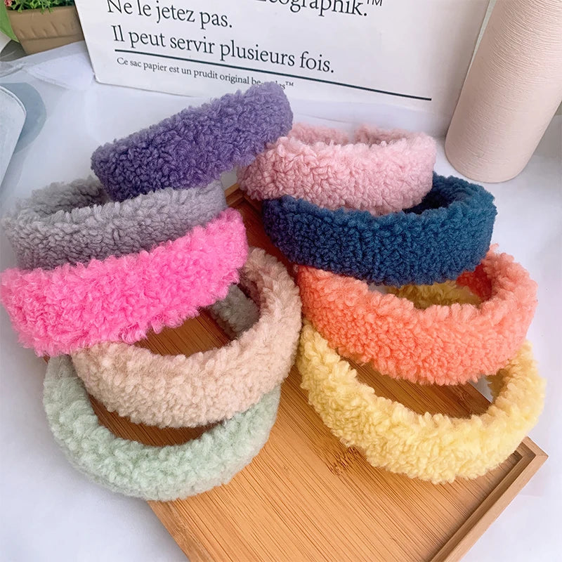 Dospita Candy Color Faux Fur Thick Headband Hair Bands for Women 2021 Winter Warm Cashmere Hairband Solid Color Wide Hair Hoop Ornament