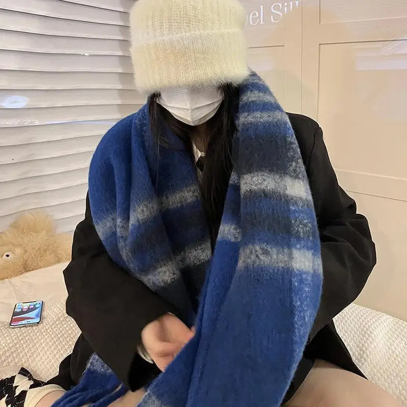 sengpan Retro Imitation Cashmere Scarf Winter Women Fashion Green Mohair Striped Scarves Korean Classic Thicken Warm Soft Shawl