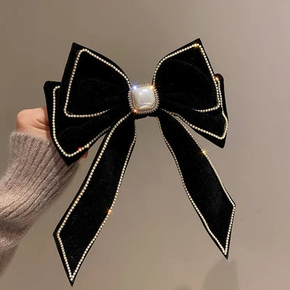 sengpan Velvet Inlaid Rhinestone Pearl Bow Hair Clip for Women Korean Fashion Exaggerated Hair Claws Exaggerated Hair Accessories