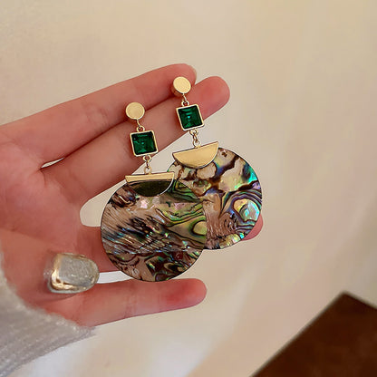 sengpan Vintage Big Long Round Abalone Shell Drop Earrings for Women Green Crystal Geometric Pendant Earring Unusual Jewelry