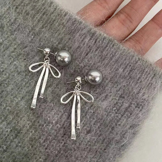 sengpan Multiple Wearing Methods Gray Pearl Silver Color Bow Pendant Earrings Fashion Jewelry Elegant Accessories for Women