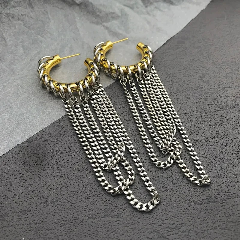 Lianfudai 2024 NEW Punk Metal Titanium Steel Chain C-shaped Earrings for Women Men Hip Hop Party Jewelry