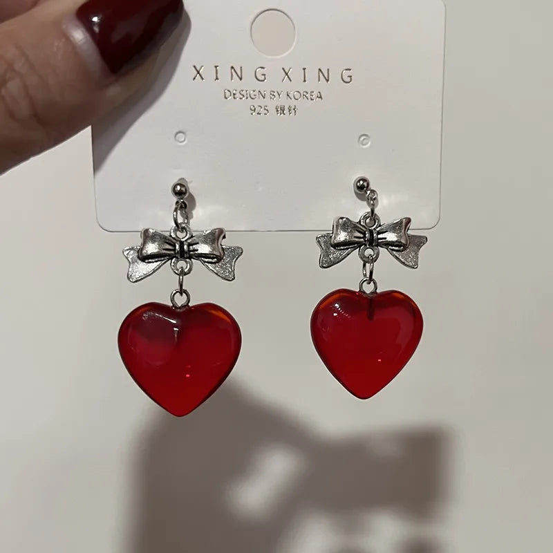 sengpan Y2K Bowknot Heart Earrings for Women Egirl Vintage Aesthetic Cute Unusual Hanging Ear Stud 2024 Trend Jewelry Accessories