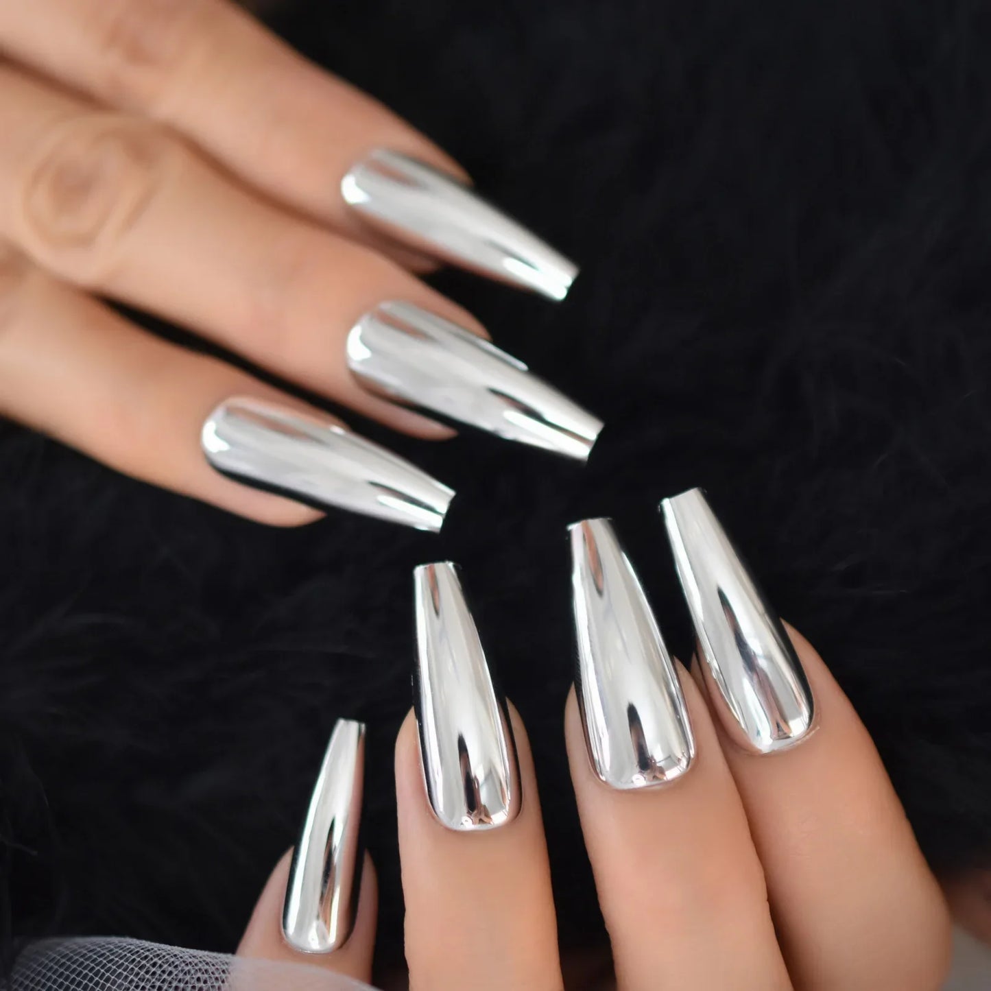 sengpan Silver Coffin Fake Nails Long Ballet Metallic False Nail Tips Solid Color Mirror Press On Nails Art Manicure At Home Salon Tools