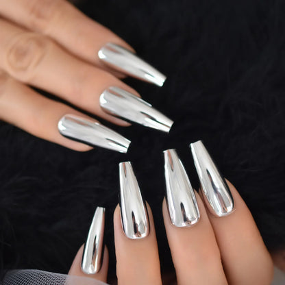 sengpan Silver Coffin Fake Nails Long Ballet Metallic False Nail Tips Solid Color Mirror Press On Nails Art Manicure At Home Salon Tools