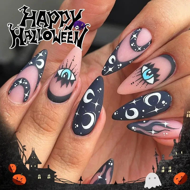 sengpan 24Pcs/set Halloween Ghost Press-on Nails Cobweb Pattern Teardrop Full Cover Nail Tips for Women & Girls Party False Nail Art