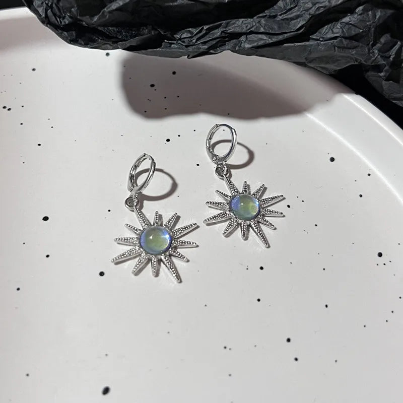 sengpan Stainless Steel Opal Sun Pendant Earrings for Women Men's Gothic Personality Y2K Jewelry