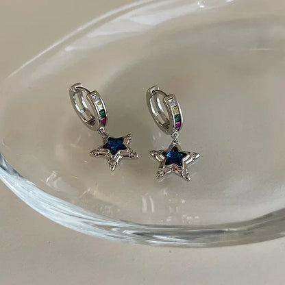 sengpan Blue Rhinestone Star Pentagram Hoop Earrings for Women Hot Girls Crystal Ear Bone Nail Piercing Earring Y2K Fashion Jewelry Gift