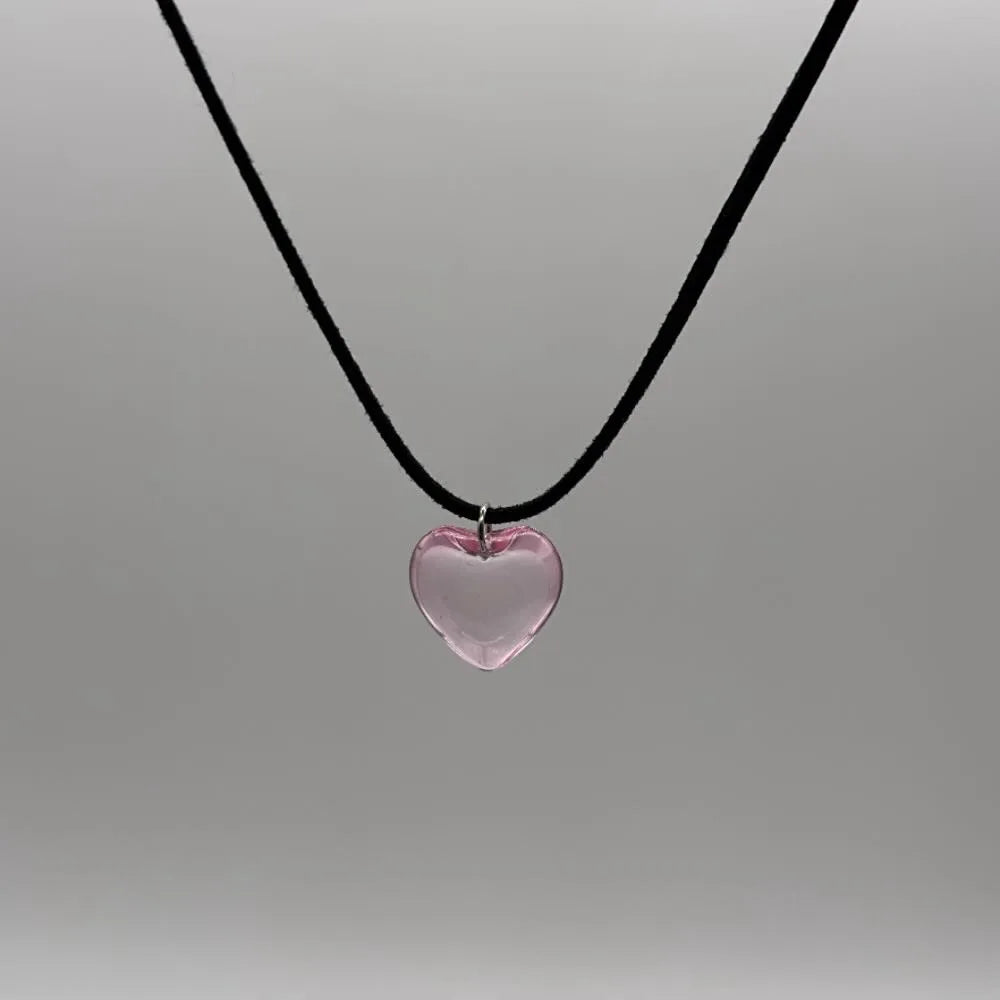 sengpan Solid Color Glass Heart Pendant Necklace Punk Grunge Style Velvet Choker for Girls