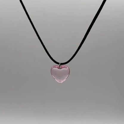 sengpan Solid Color Glass Heart Pendant Necklace Punk Grunge Style Velvet Choker for Girls