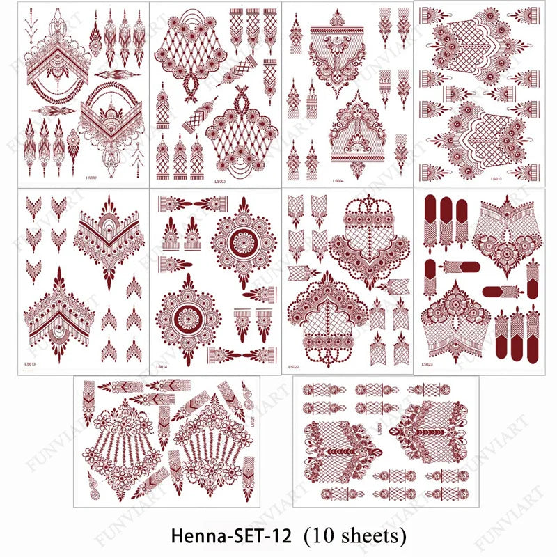 sengpan 9Pcs Brown Henna Temporary Tattoos for Women Henna Tattoo Sticker for Hand Body Art Moroccan Mehndi Design Tattoo Fake Hena