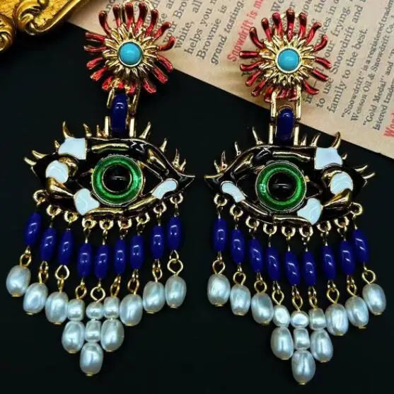 sengpan Vintage Eye Tassels Pearl Earrings