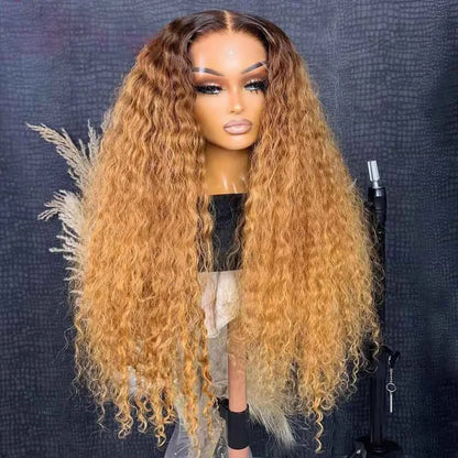 sengpan Soft Preplucked 26Inch 180%Density Glueless Ombre Honey Blonde Kinky Curly Lace Front Wig With BabyHair Heat Temperature Daily