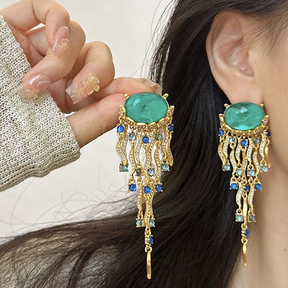 sengpan Temperament Green French Tassel Earrings Retro Luxury Style Jewelry