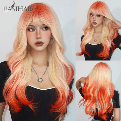 sengpan Orange Blonde Ombre Long Wavy Synthetic Wigs with Bangs Party Cosplay Wig for Women Natural Fake Hair Heat Resistant