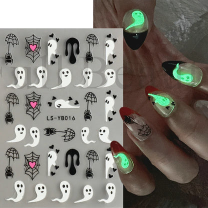 sengpan Luminous Nail Stickers Glow In Dark Halloween Nail Art Decoration Cartoon Skull Ghost Sliders Bones Spider Decal Tattoo GLYB-018