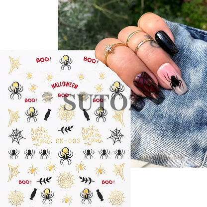 sengpan Embossed 3D Witches Nails Stickers Gold Black Witche Broom Boots Relief Design DIY Halloween Dark Style Manicure Decal CK-007